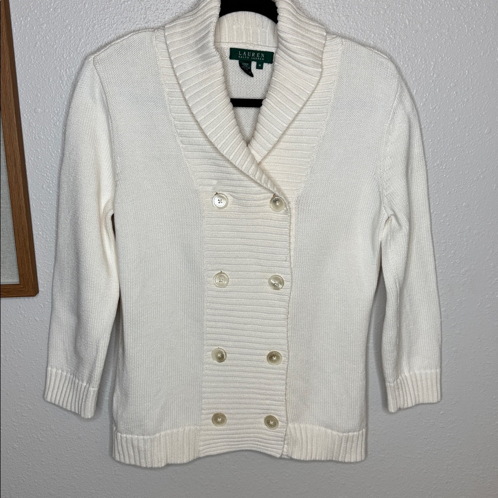 Lauren Ralph Lauren Ivory Cream Double-Breasted Cardigan Sweater 100% Cotton - M - Picture 8 of 16
